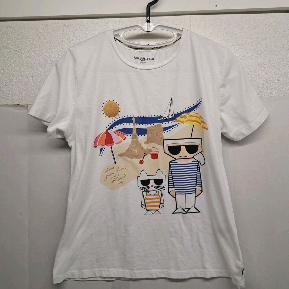 Karl Lagerfeld Paris Graphic T-Shirt White Cotton Beach Sailor Embellished S